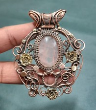 Healing Rose Quartz Copper Pendant Handmade Wire Wrapped Pendant Gift For Love