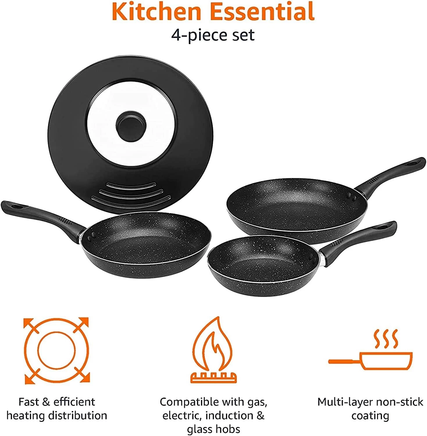 AB 4 Piece Non Stick Aluminium Frying Pan Set. 20 24 28cm & Universal Cover Lid