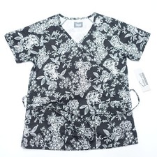 Butter-Soft Originals Scrubs Top Women's XS Black Etched Roses Mock Wrap Pockets