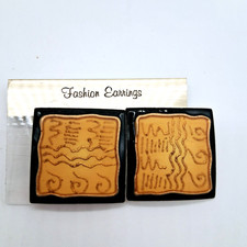 Vintage Made in USA Black & Gold Metal w/Enamel Drop Pierced Earrings Square