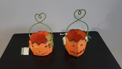 2 New w Tags Metal Halloween Pumpkin Tea Light Holders By Midwest