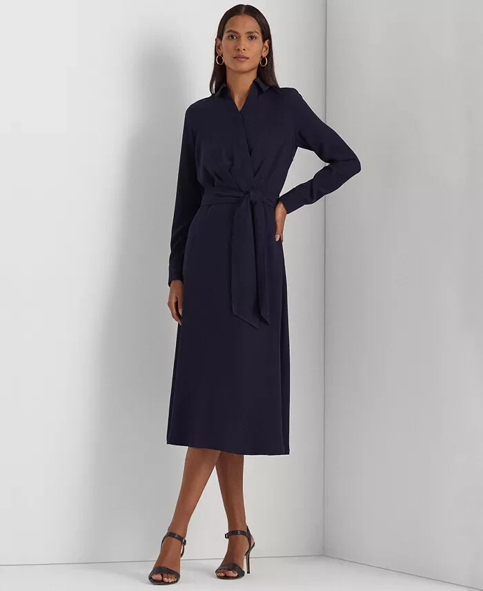 ワンピース LAUREN RALPH LAUREN Woman Dress Navy 253957437 410 Lauren Ralph Lauren Self-Belt Surplice Georgette Midi Dress