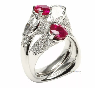 Raspberry Red 3.53CT Rubies With 4.77CT Shiny CZ Gracefully Criss-Crossing Ring