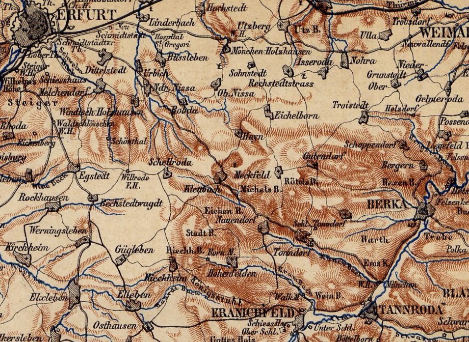 1886 ANTIQUE MAP OF THURINGIAN FOREST THUERINGER WALD / EASTERN PART ...