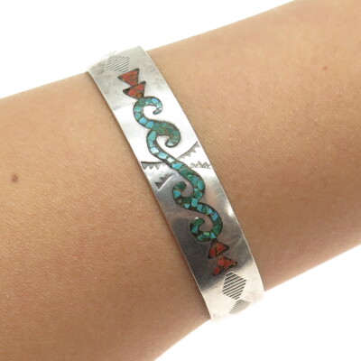 GIBSON GENE NAVAJO Old Pawn Sterling Turquoise & Coral Inlay Cuff Bracelet 6.75''