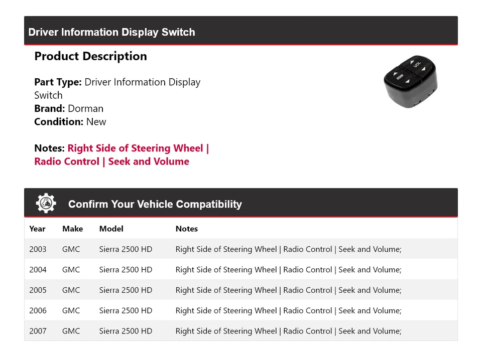 Interruptor de pantalla de información del conductor Dorman 2004 para GMC Sierra 2500 HD 2003-2007 Foto 2 de 4
