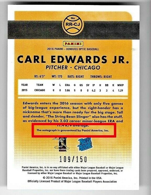 2016 Panini Optic Carl Edwards jr Rookie Rated Autographed Baseball Card 109/150 - Image 3 of 3