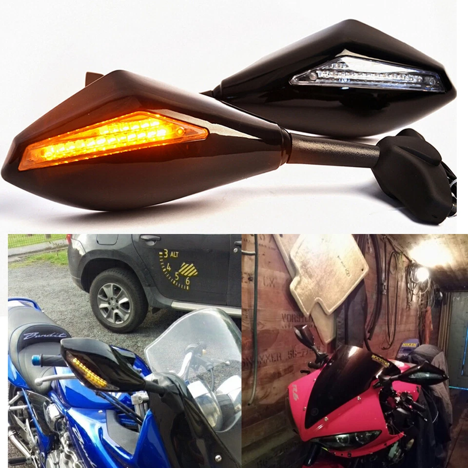 For Yamaha FZ6 FZ6R  FZR600R Black Rearview Side Mirrors With Turn Signal Light - Image 2 of 4