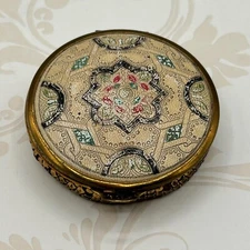 Vintage Gold Mesh and Embossed Leather Powder Compact With Mirror