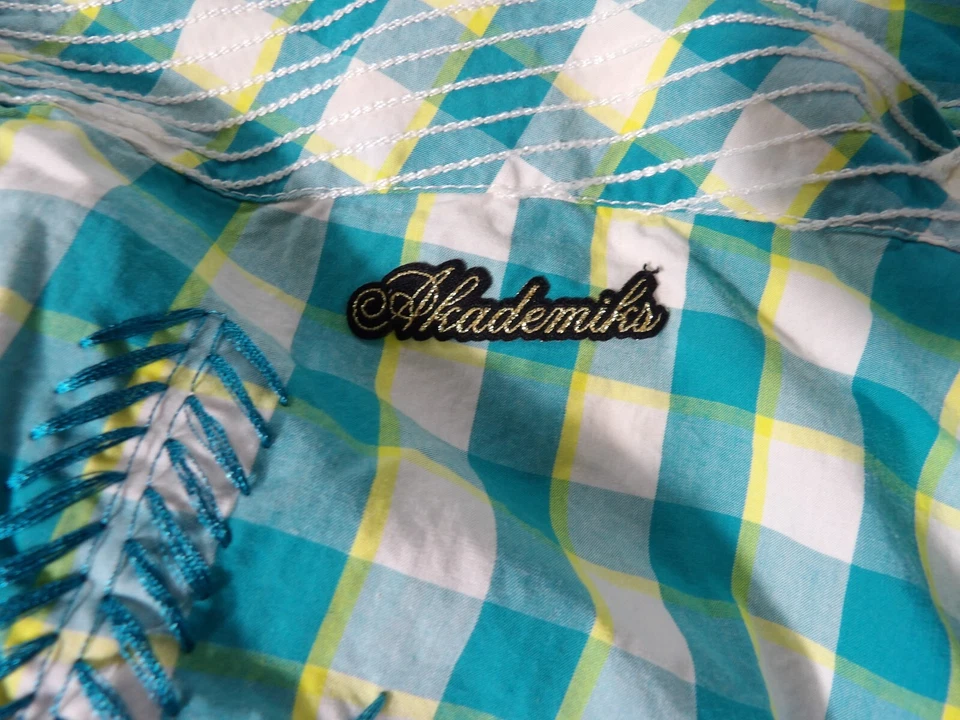 Akademiks Shirt XL Plaid Teal Yellow White Button Up Y2K Hip Hop Colorful Logo C - Image 3 of 4