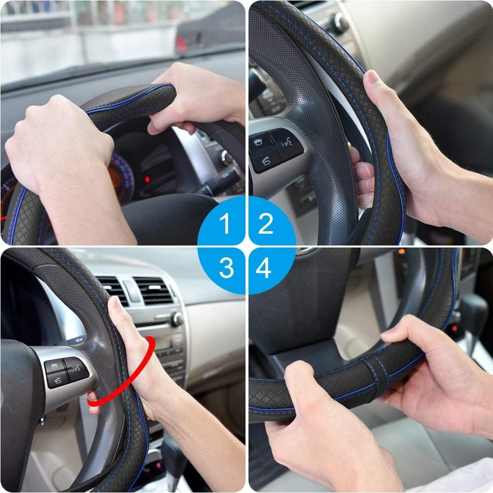 O SHI CAR Genuine Leather Steering Wheel Cover - Universal Fit 14.5-15.1", Breathable With Silicone Grip