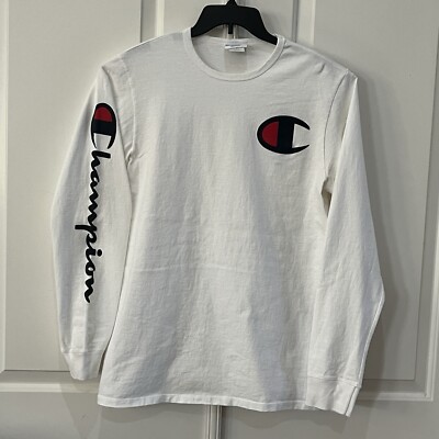 VTG Champion Shirt Adult Large White Logo Spellout Long Sleeve Graphic Mens