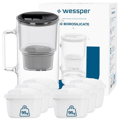 Wasserfilter Kanne Glas 3L schwarz Wessper D2 Borosilikat 7 Kartuschen BPA frei