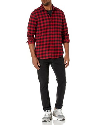 Amazon Essentials Herren Flanellhemd Langarm Kariert Schwarz Rot Buffalo M