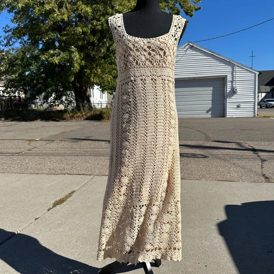 Maxi Vestido Vintage Crochet Sin Mangas Boho Cottagecore Moda Internacional talla L Foto 2 de 4