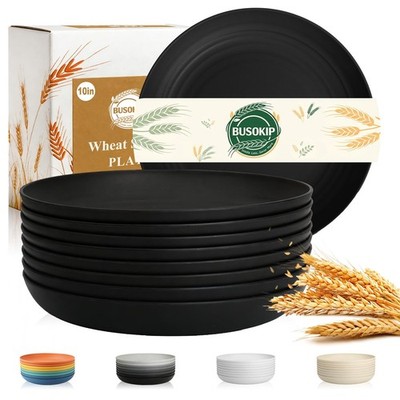 8 PCS 10 Inch Unbreakable Wheat Straw Dinner Plates Reusable Microwave Black