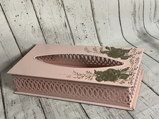 Vintage Pink Gold Metal Tissue Box Holder Wall/Counter Mount Floral Sliding Top