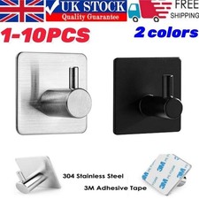 Self Adhesive Hooks 1-10 Strong Heavy Duty 3M Sticky Coat Door Towel Rack Silver