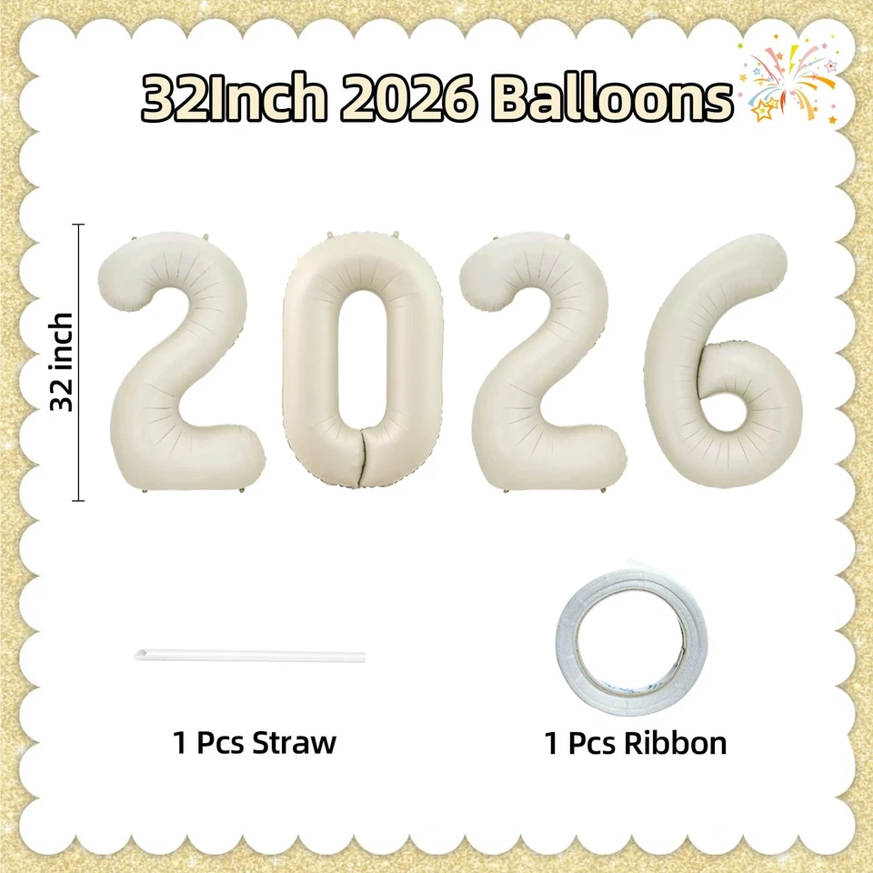 Globos número lámina blanco crema 32 pulgadas 2026, 2026 decoraciones de año nuevo para... Foto 2 de 4
