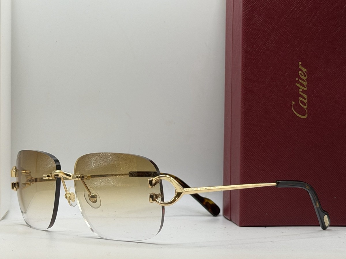 Cartier Vintage Cartier Cat Eye Rimless Sunglasses Gold /Lens Gradient Brown Cartier CT0505S 003 Sunglasses Shiny Gold - eye-oo.com main image 4
