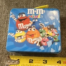 M&M s Small Mini Tin Lunch Box 4” 2001 Candy Card Holder Collectible