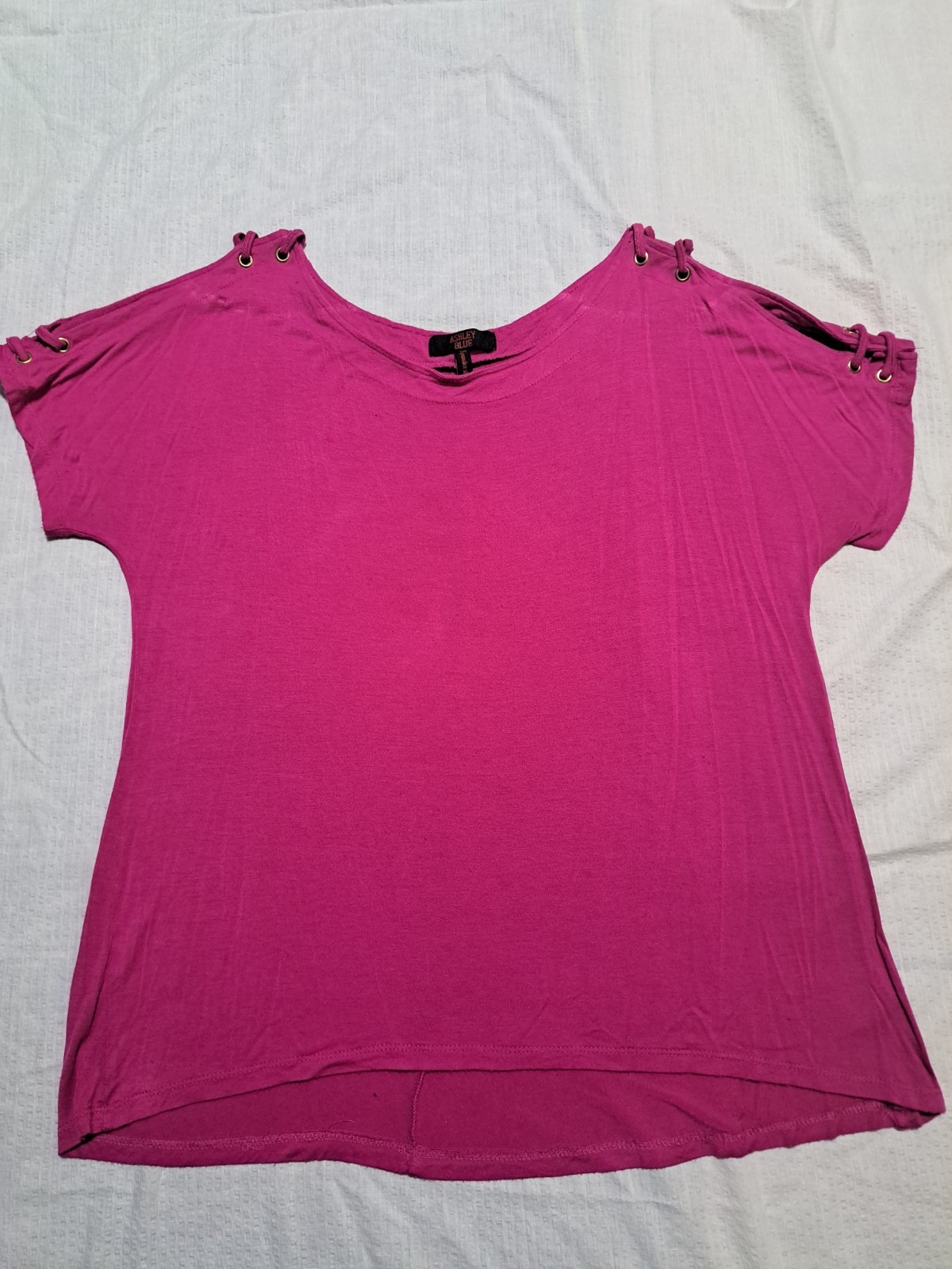 Women's Ashley-Blue Magenta Laceup Shoulder Short Sleeve Tee Size XL w/Flaws