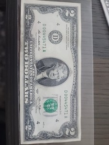 2 DOLLAR BILL  2013 SERIES D Low Serial Number D 00445471 A  Great Condition 