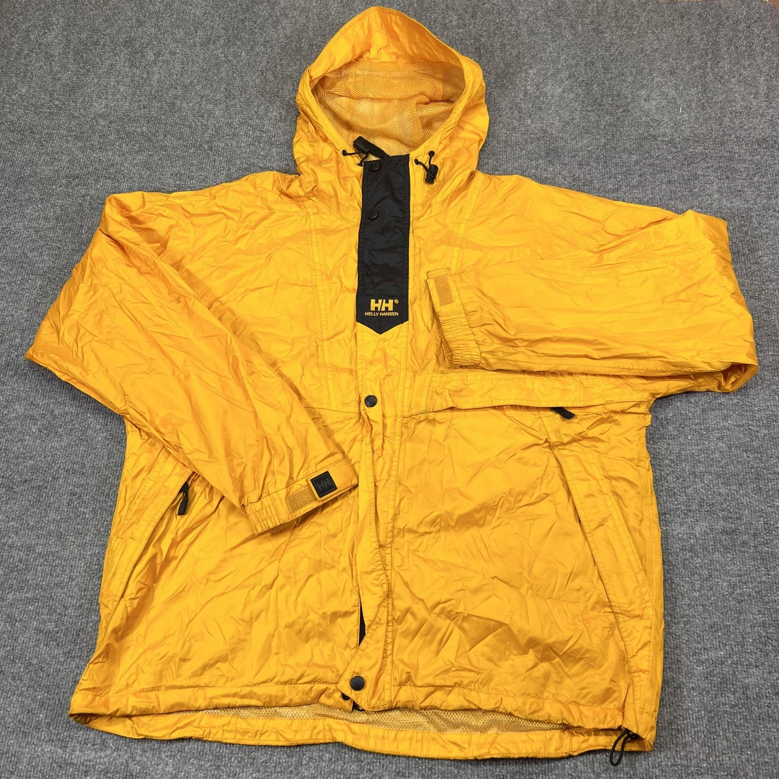 Helly Hansen Jacket Mens Large Yellow Hooded Helly Tech Windbreaker Hiking