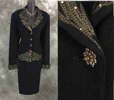 BEAUTIFUL St John evening knit black Gold rhinestones embellished skirt suit 12