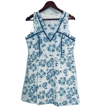 Esley Sundress Women L White Blue Floral Cotton Mini Beach Coastal Cottage Comfy