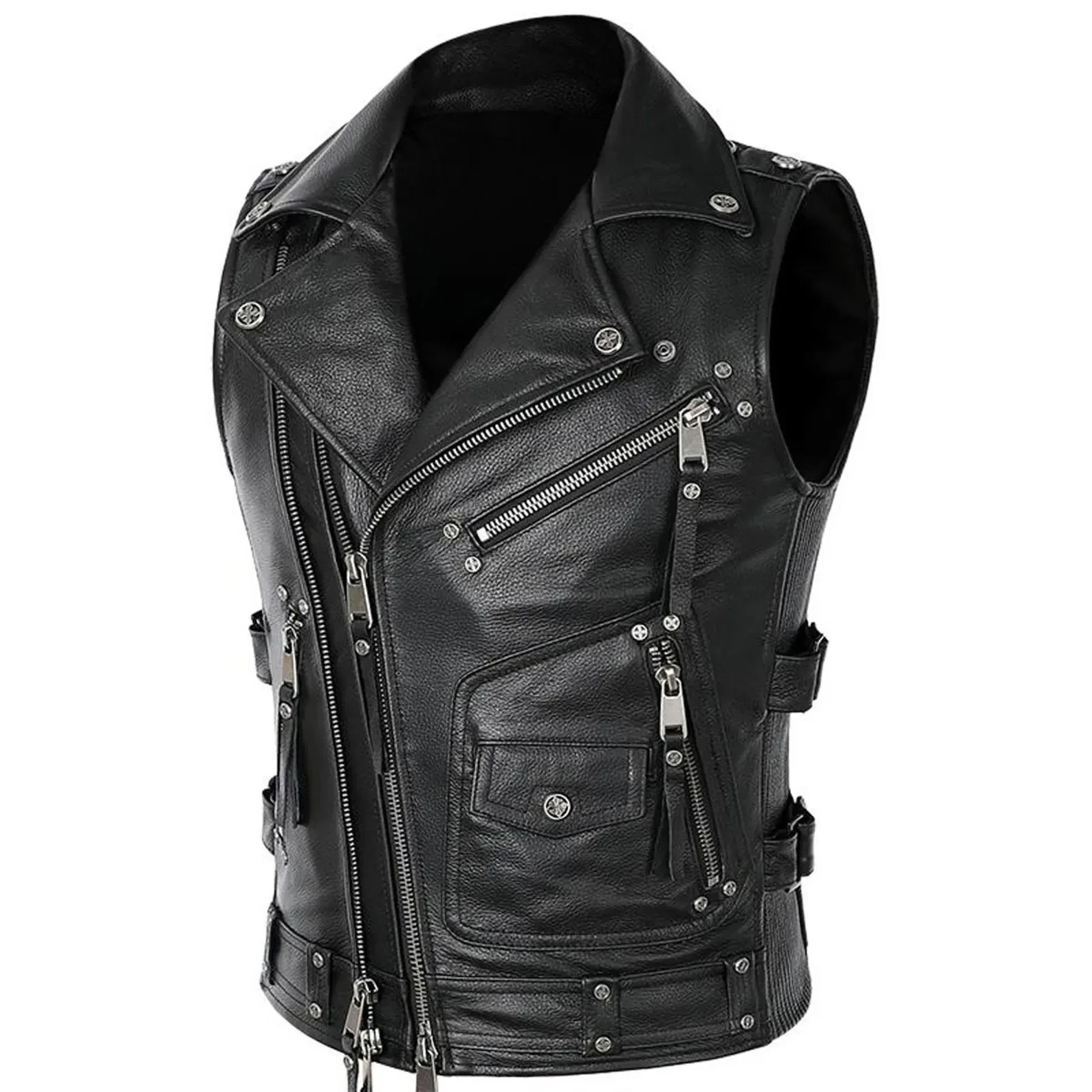 Men’s Black Sleeveless Buffalo Leather Motorcycle Vest – Classic Biker Waistcoat