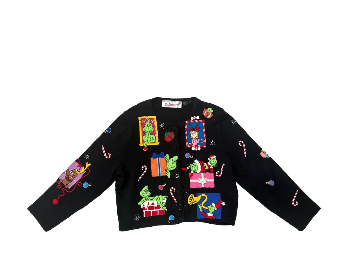 VTG 2000 Michael Simon GRINCH XMAS Cardigan Sweater Button/Embroidered Beaded XL View 2