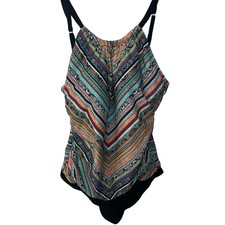 Jantzen High Neck One Piece Swimsuit Womens Sz 14 Blousy Geometric Lined Beachy