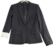 Theory Gabe B Black Wool Blazer Size 6 Striped Cuffs Single Button Business