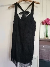 3pc Set Fringe Feather Band 1920s Halloween Costume Dress Sz M/L Pearl Necklace