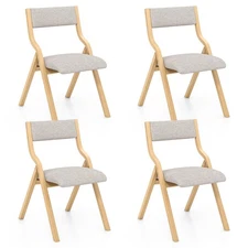 Folding Dining Chair Set of 4 Wooden Upholstered Modern Linen Fabric Padded Seat