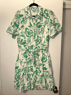 Draper James RSVP Womens XL Linen Blend Button Collared Dress White Green Floral