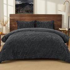 PHF Warm Sherpa Fleece King Comforter Set, 3D Tufted Fluffy Dark Grey Bedding fo