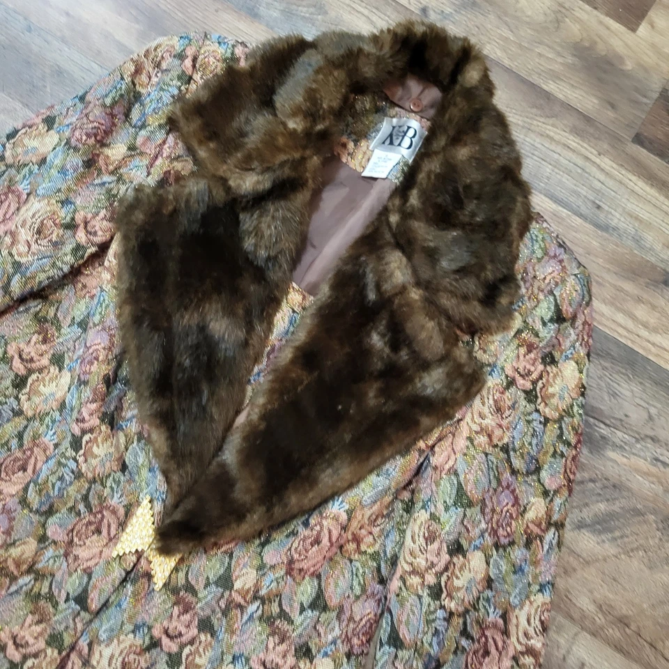 Conjunto de 2 piezas de abrigo de piel sintética tapiz floral vintage KB Stella Louise Roy talla 10 Foto 3 de 4