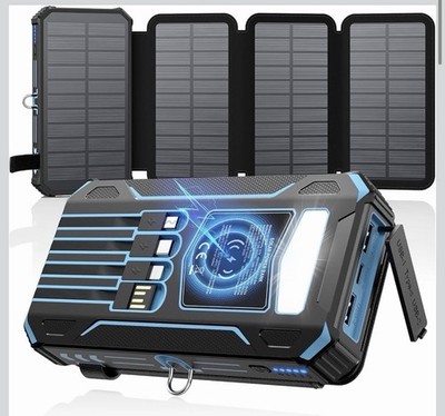 Solar Charger Power Bank - 20000mAh Wireless Portable Charger Built-in 4 Cables