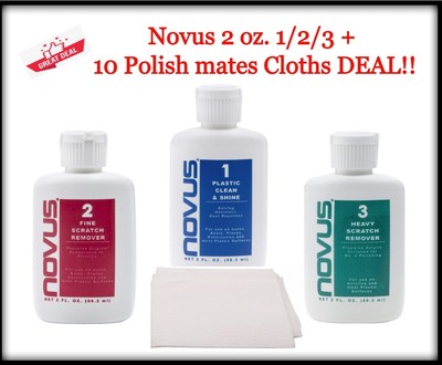 3 Novus Plastic Clean & Shine Polish Cleaner 2 Oz. Bottles + 10 Cloths Set DEAL
