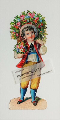 um 1900 Junge Blüten Korb Liebe Mode Glanzbild Prägedruck Oblate Ephemera alt