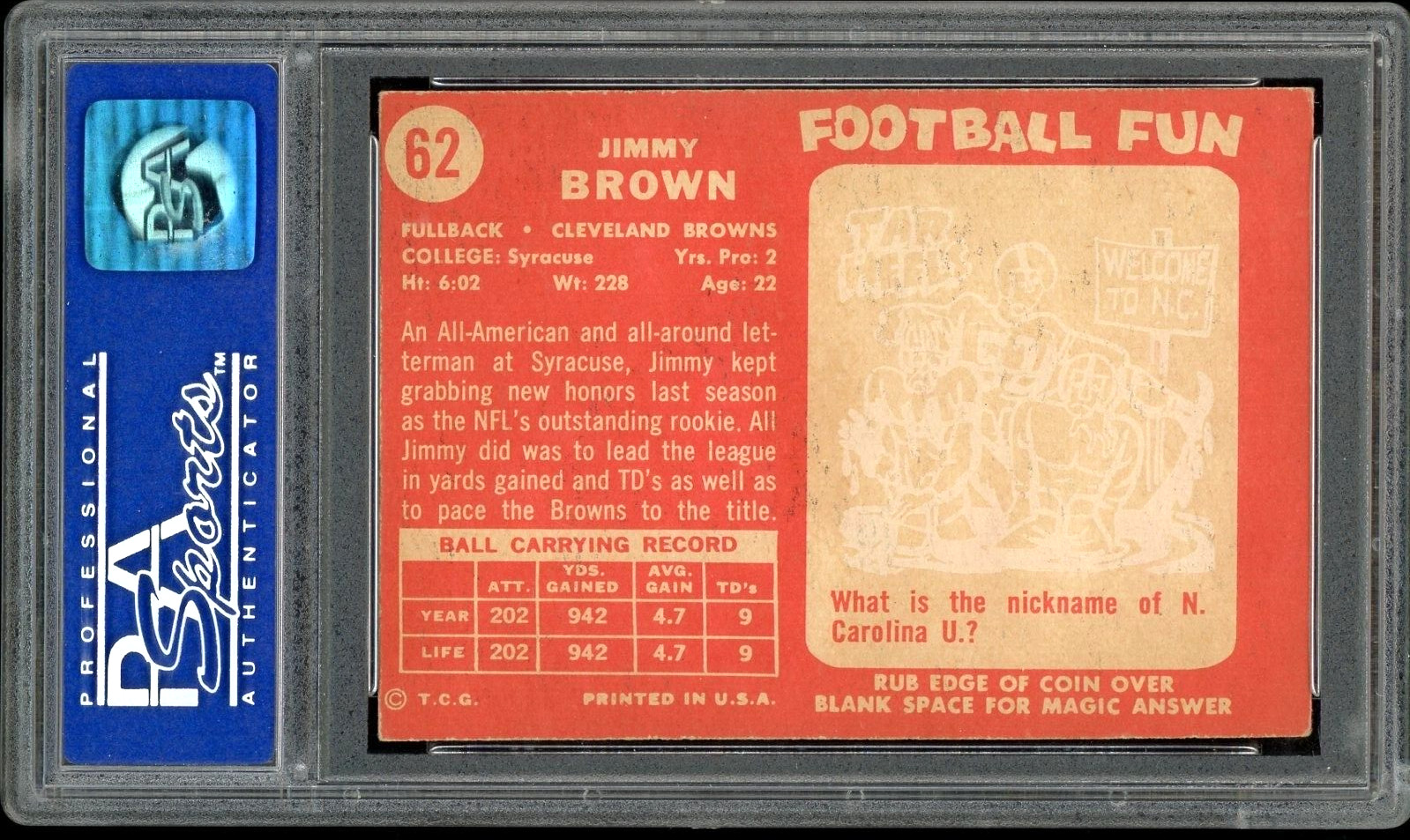 1958 Topps Jim Brown Rookie Card HOF #62 - Certified PSA 5 (Excellent) - Rare! view 2