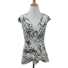 Moda International Silk Blouse Women S Grey Leopard Plunge V Neck Flutter Sleeve