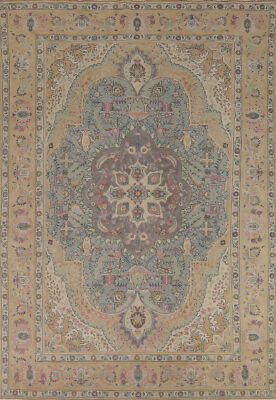 Over-Dyed Light Blue Medallion Tebriz Area Rug Vintage Hand-made Wool Rug 8x11