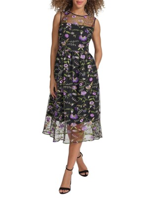 Kensie Women's Floral Embroidered Mesh Fit & Flare MIDI Dress, Black Multi, 2