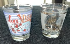 LAS VEGAS • Lot Of 2 Glass Shot Glasses ~ Craps Dice Cards Ace Of Spades