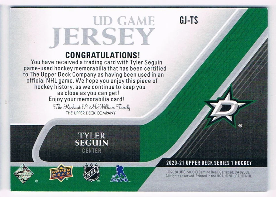 2020-21 UPPER DECK UD GAME JERSEY WHITE TYLER SEGUIN DALLAS STARS #GJ-TS - Image 2 of 2