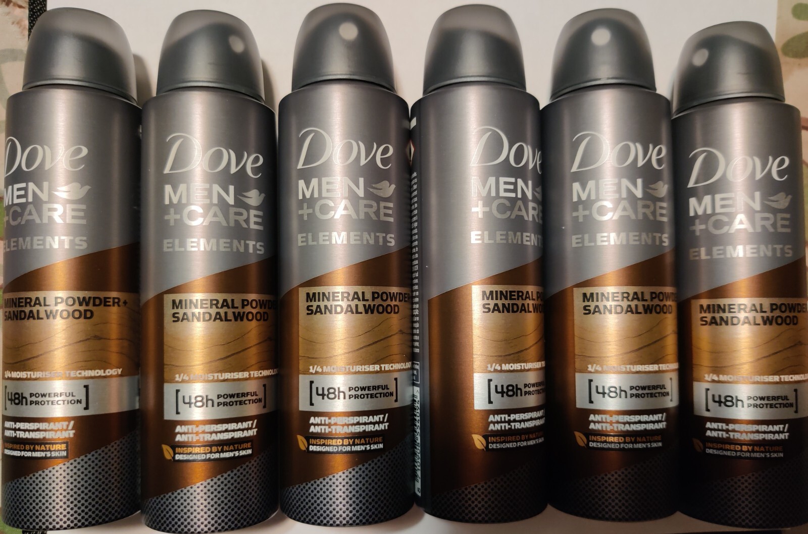 DOVE BODY 6 Pack SPRAY MEN CARE ELEMENT 150 ml MINERAL POWDER+SANDALWOOD