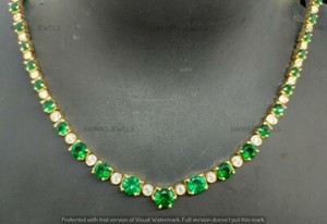 Authentic 15.00CT Lab-Created Green Emerald Tennis Pendant Necklace 14K Yellow Gold Plated